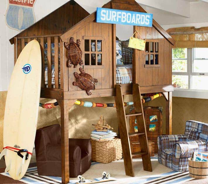 pottery barn treehouse loft bed surfboard decoration