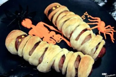 bacon wrapped sausage mummies halloween recipe