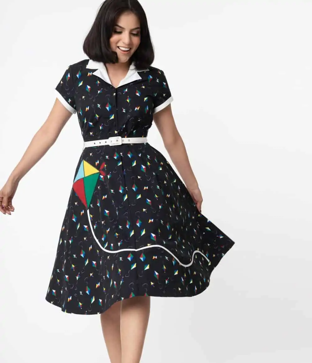 Unique Vintage Black & Multicolor Kite Print Alexis Swing Dress