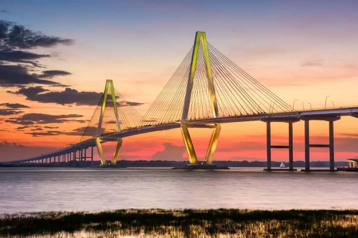 Charleston SC bridge skyline at sunset -  - Things to Do in Charleston SC at Night